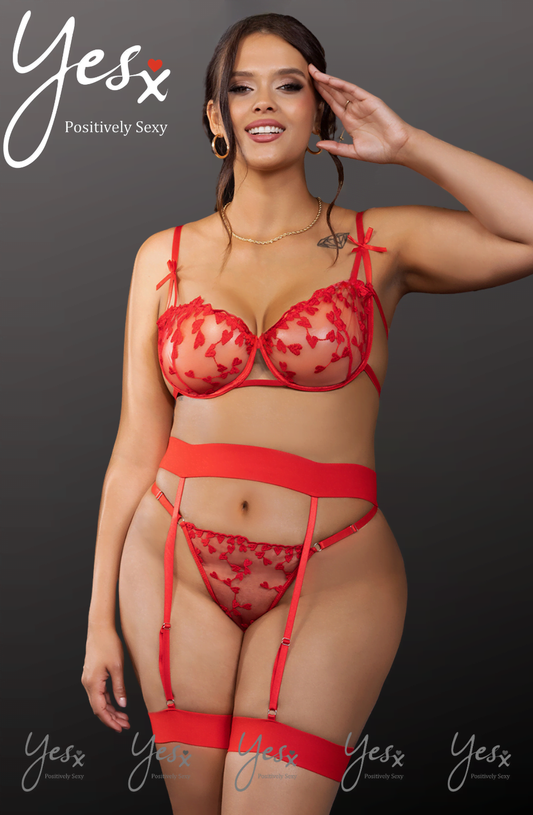 Red Heart Patterned Plus Size Bra Set