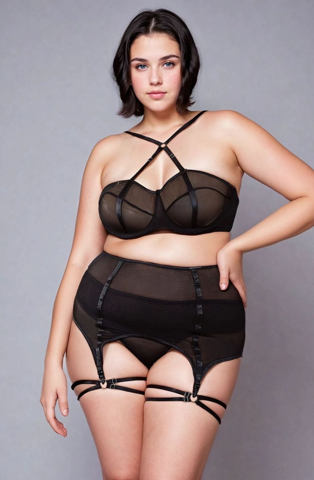 Plus Size Black lace 3-Piece Lingerie Set with Leg Rings